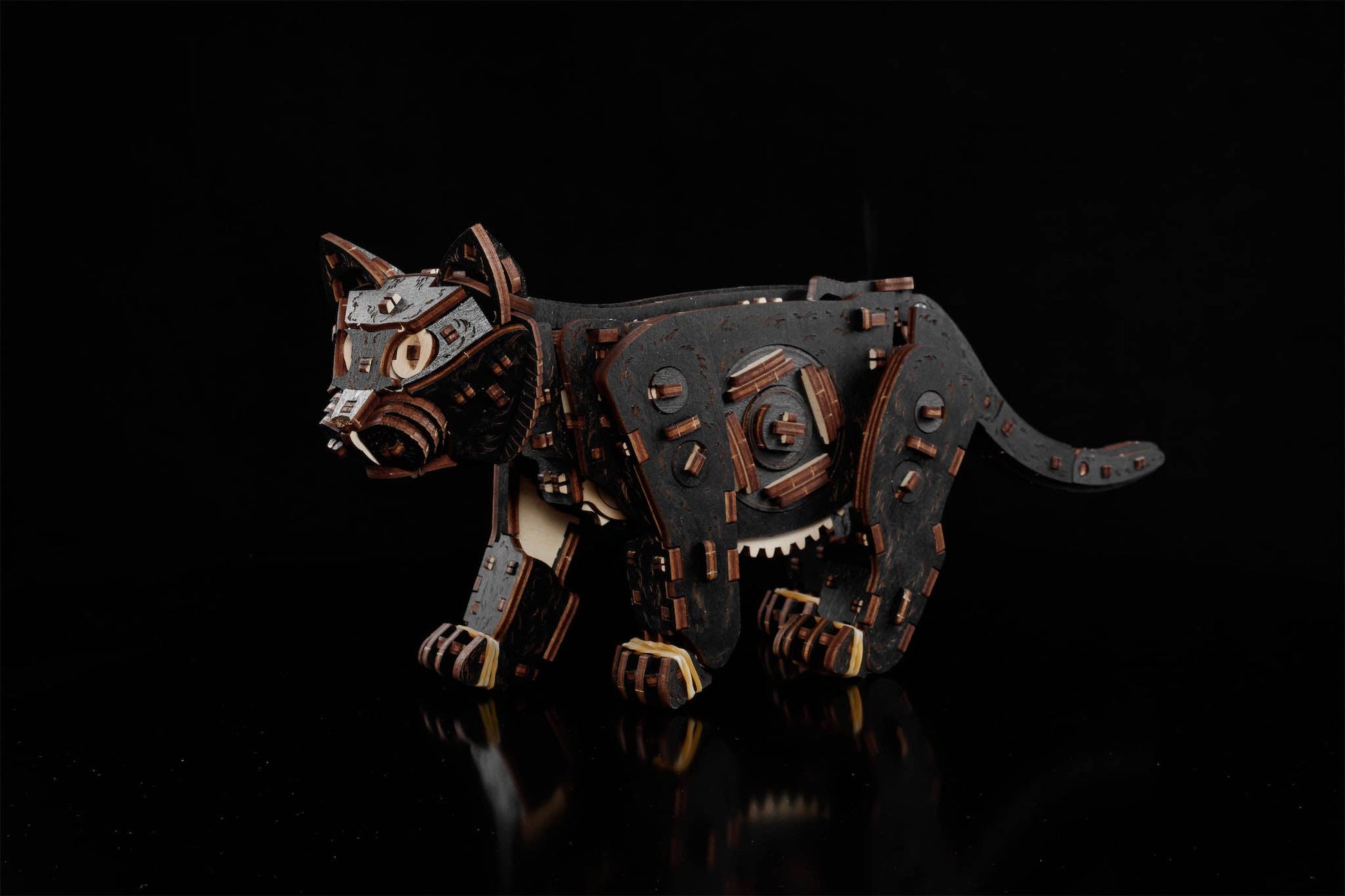 EWA Black Kitten Mechanical Wooden Kit with Spring Motor
