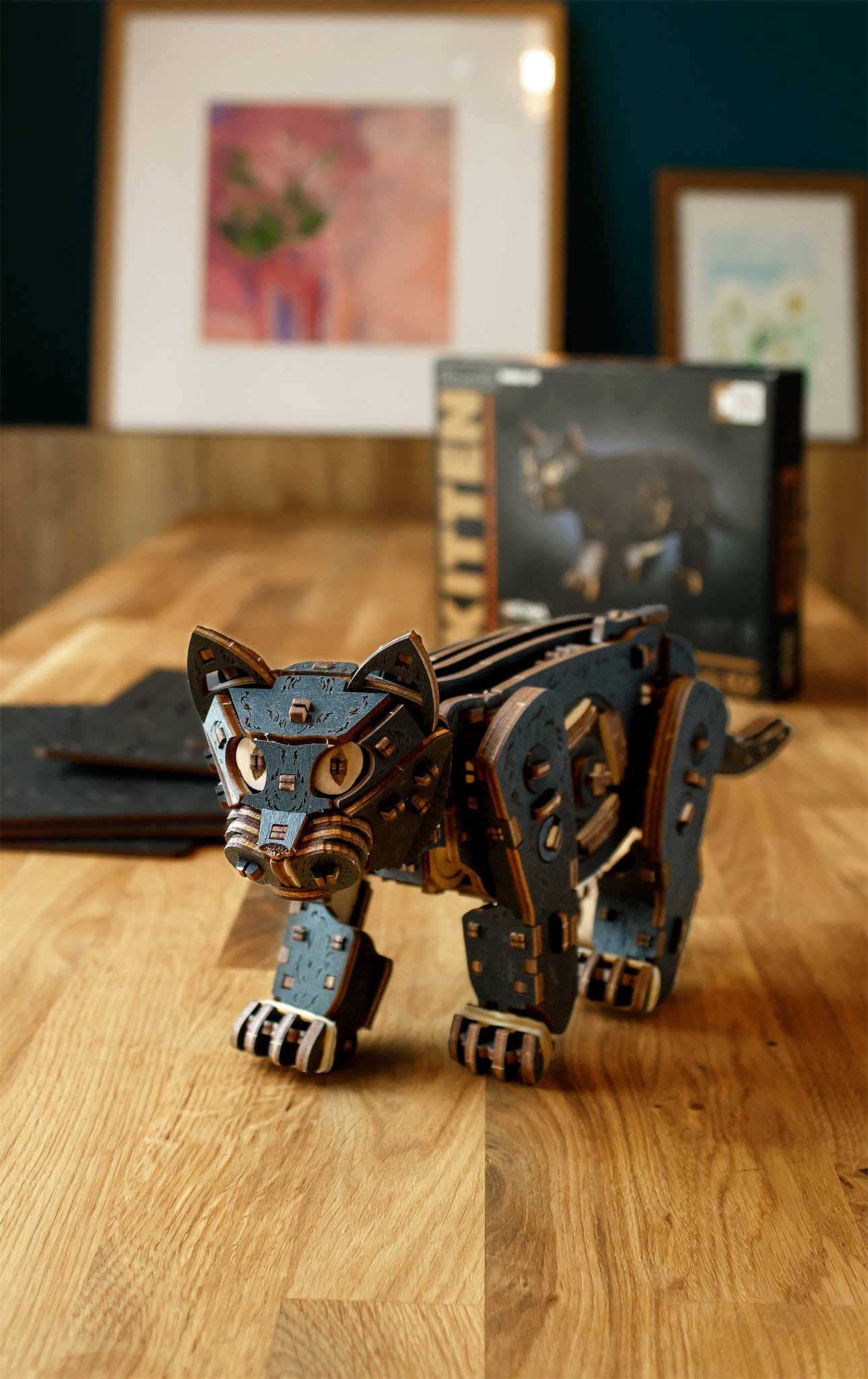 EWA Black Kitten Mechanical Wooden Kit with Spring Motor
