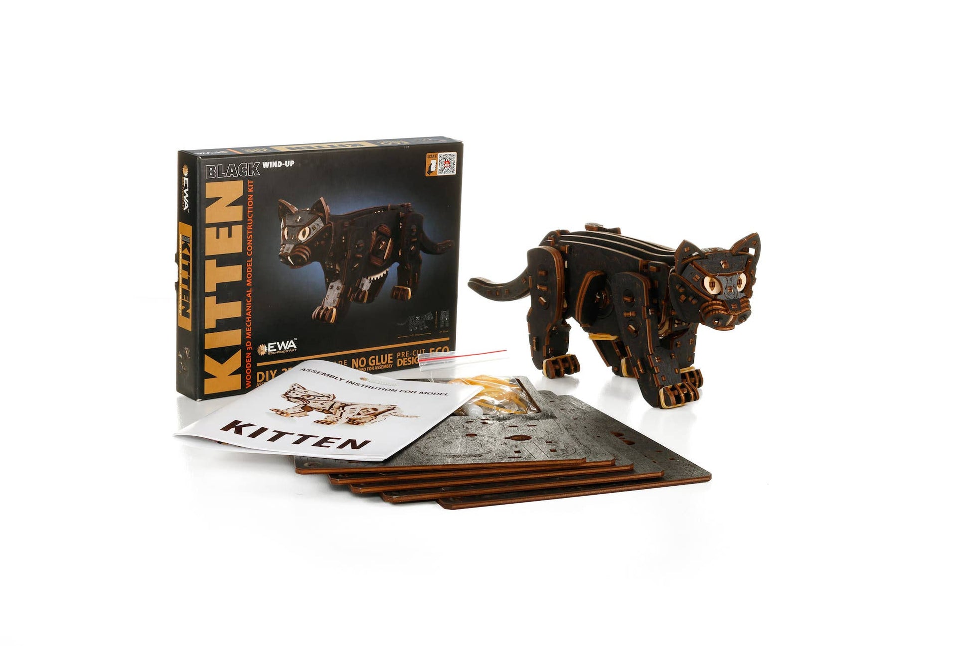 EWA Black Kitten Mechanical Wooden Kit with Spring Motor