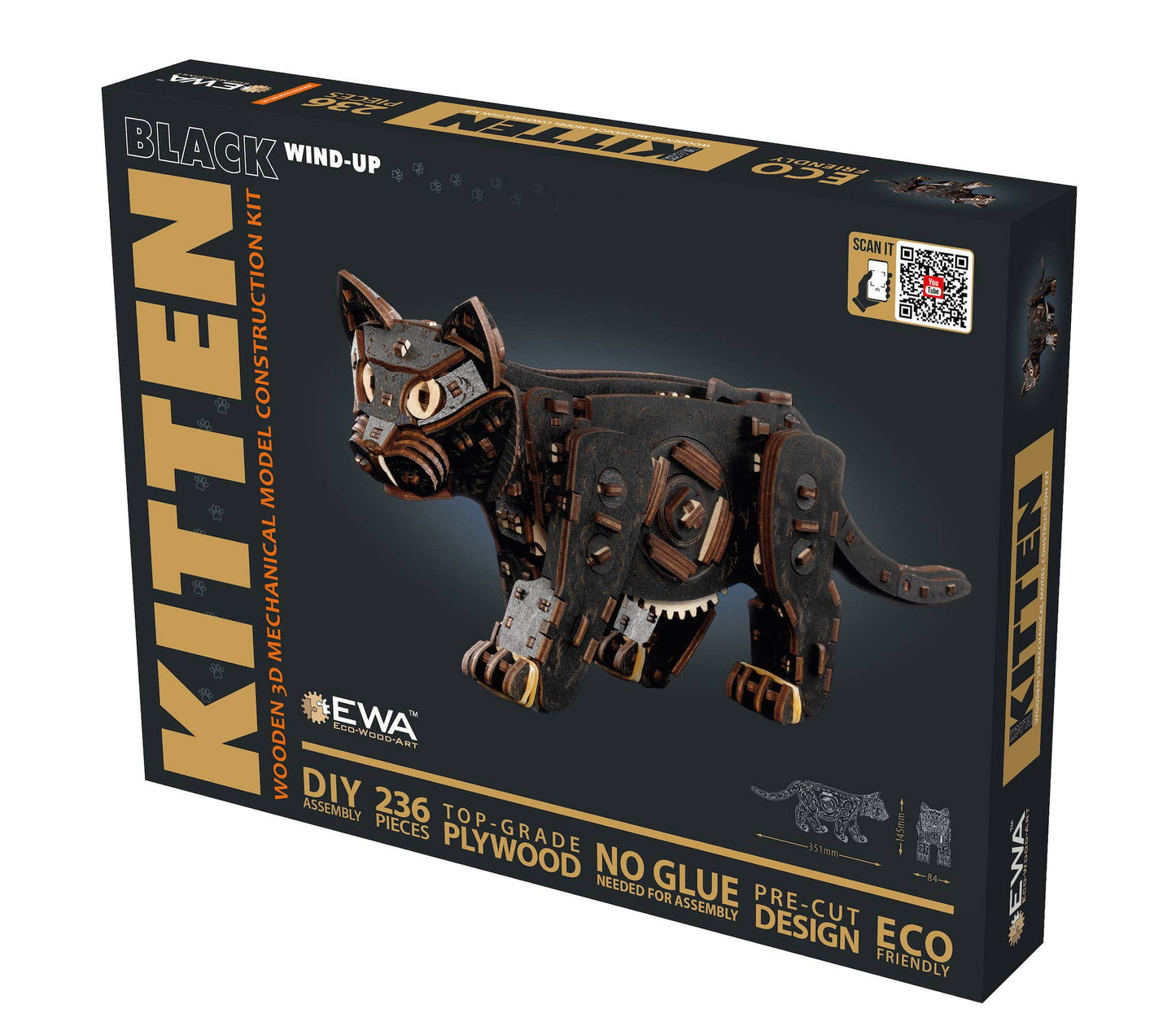 EWA Black Kitten Mechanical Wooden Kit with Spring Motor