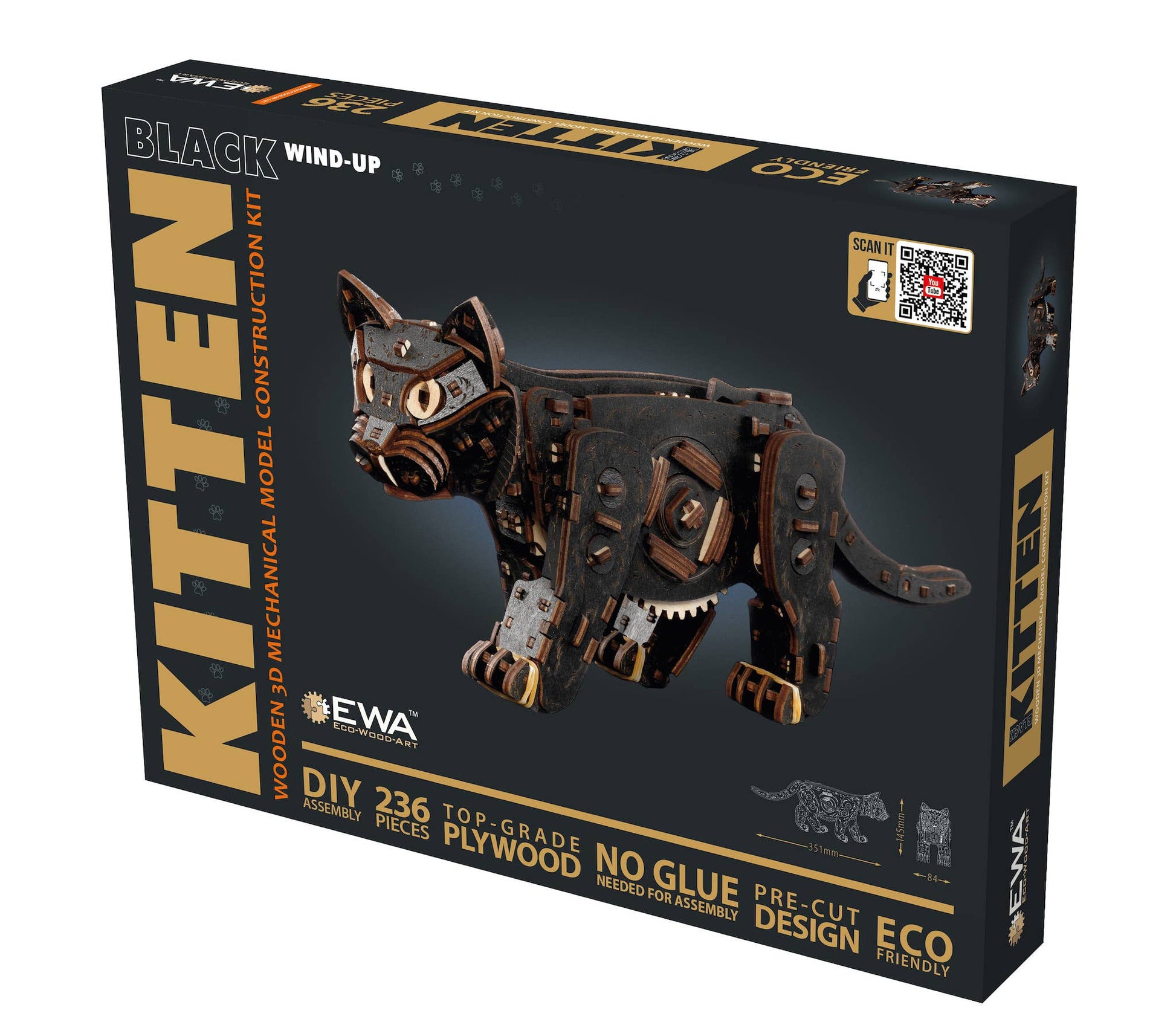 EWA Black Kitten Mechanical Wooden Kit with Spring Motor