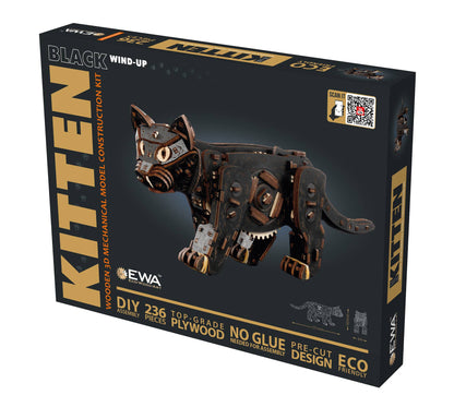 EWA Black Kitten Mechanical Wooden Kit with Spring Motor