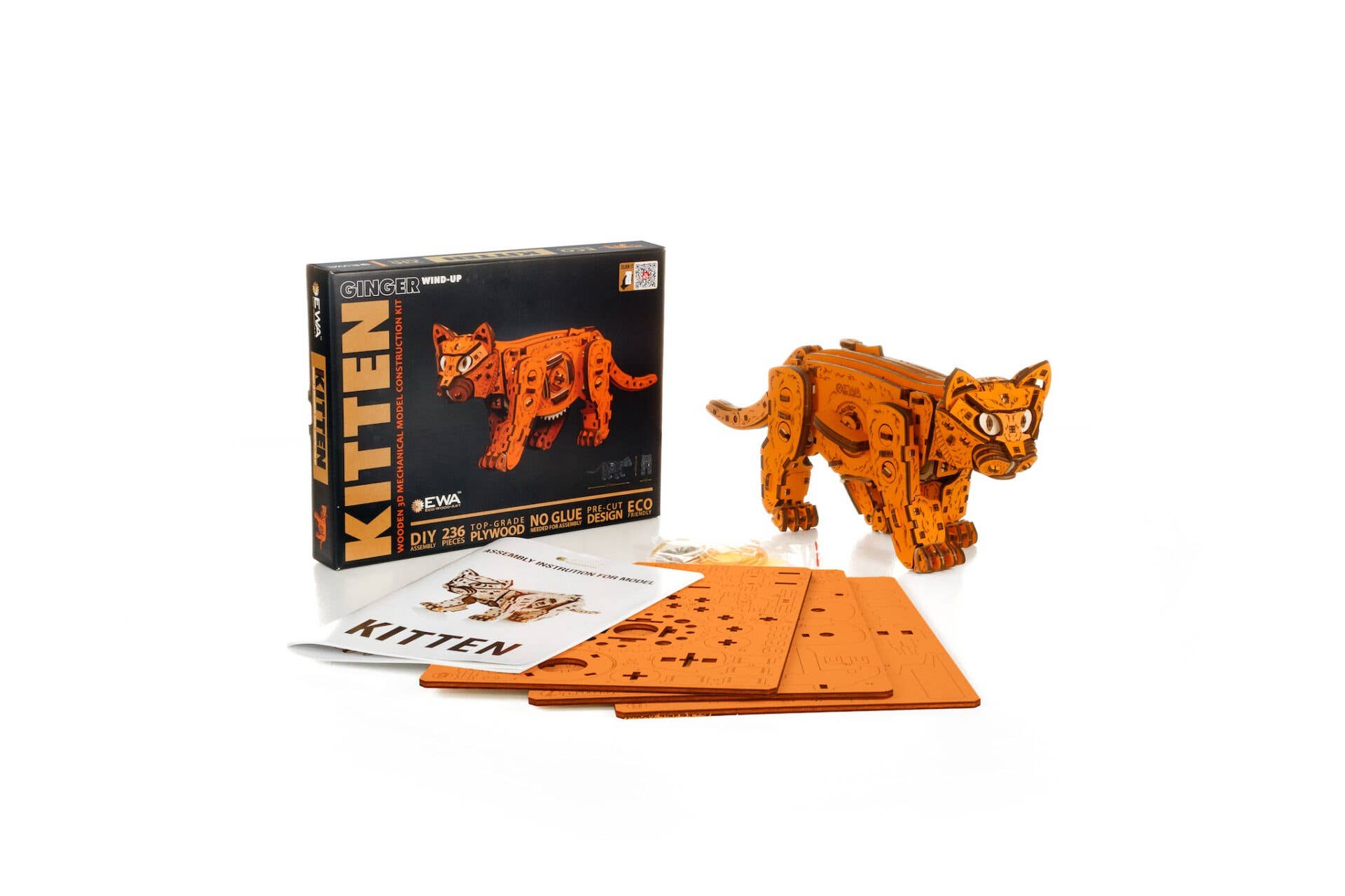 EWA Ginger Kitten Mechanical Wooden Kit with Spring Motor